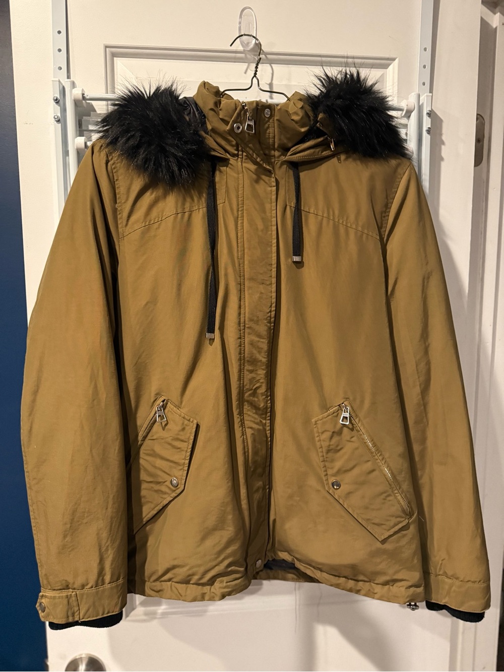 Zara Men's Olive Green Hooded Field Jacket with Black Faux Fur Trim